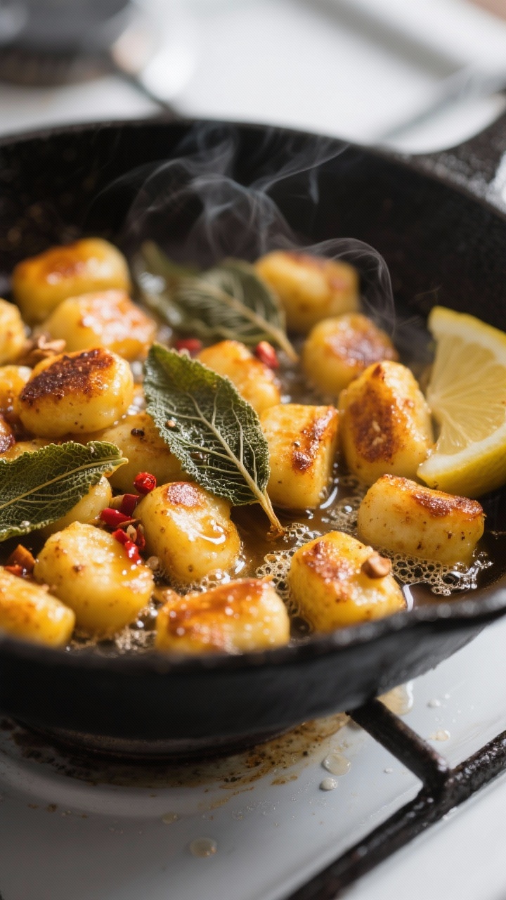 Close-up detail shot: Golden-browned pumpkin gnocchi sizzling in a skillet of nutty sage brown butte