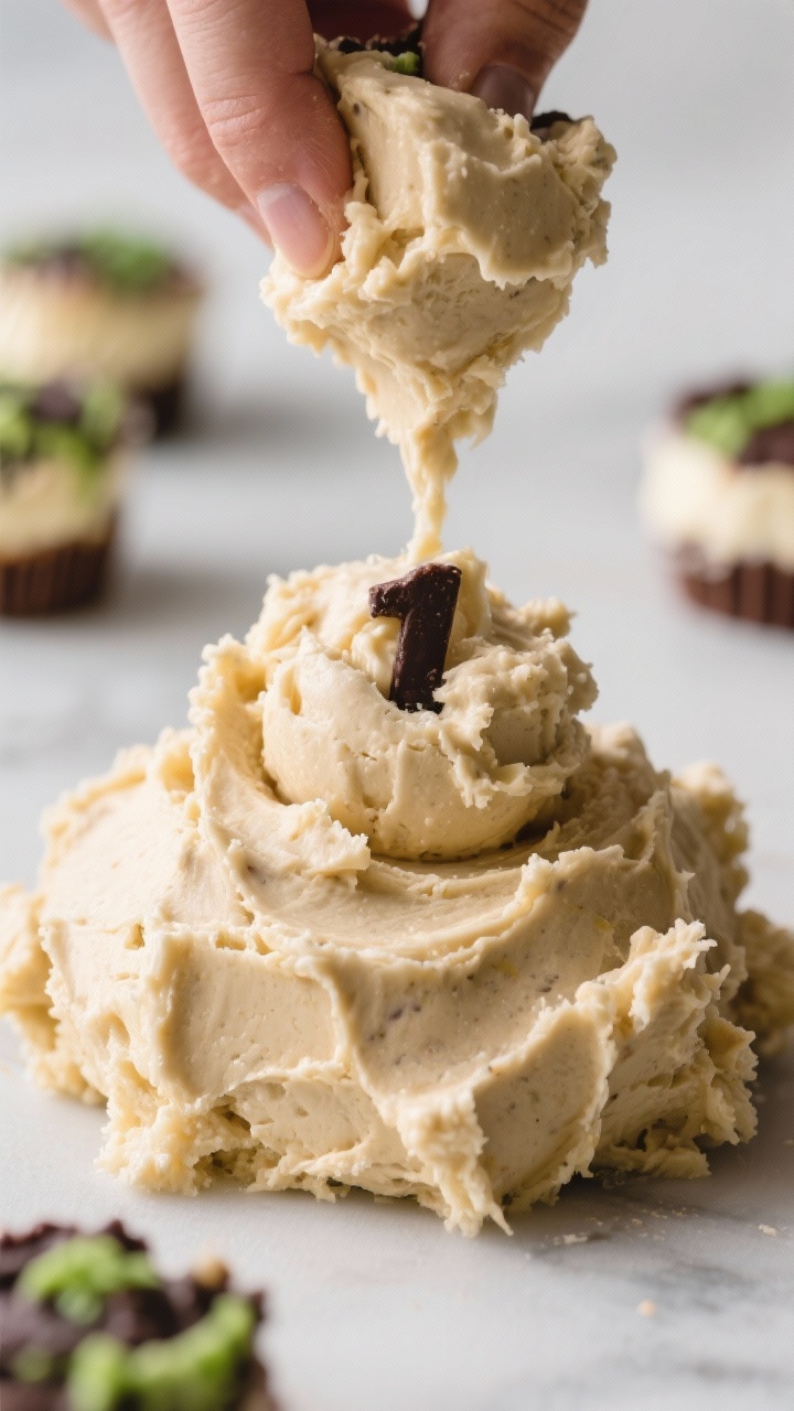 Close-up detail shot: No-Bake Monster Cheesecake Bites mid-prep, a mound of scoopable dough being ro