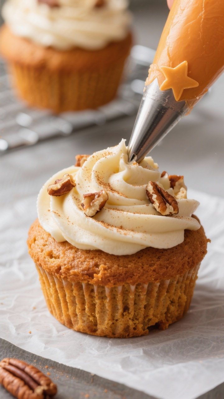 Close-up detail shot of a freshly baked pumpkin spice cupcake, fully cooled and being piped with sil
