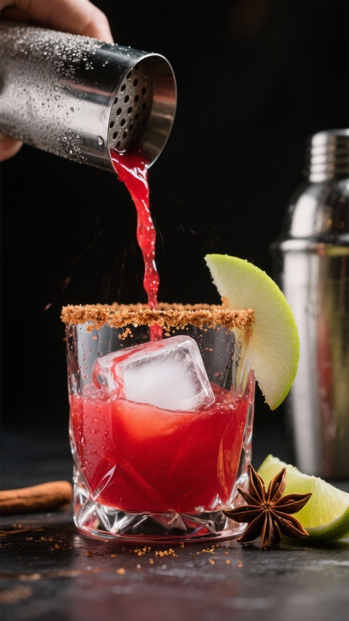 Close-up detail shot of a freshly shaken Poison Apple Margarita being strained from a frosty metal s