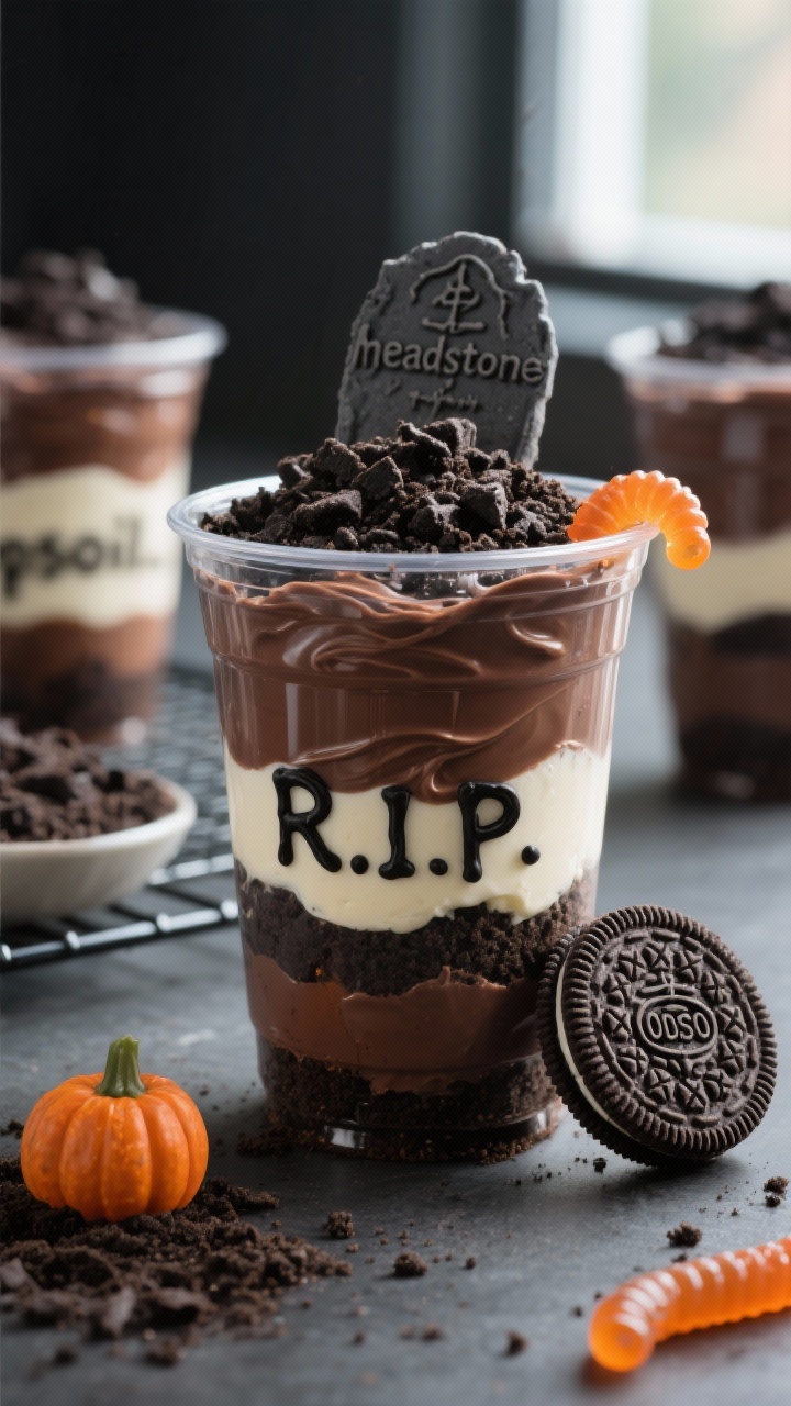 Close-up detail shot of a prepared Graveyard Dirt Cup mid-assembly: a clear 9 oz plastic cup with di