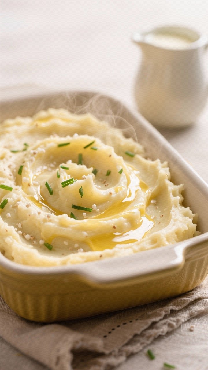 Close-up detail shot of creamy Yukon Gold mashed potatoes being reheated and fluffed in a buttered b