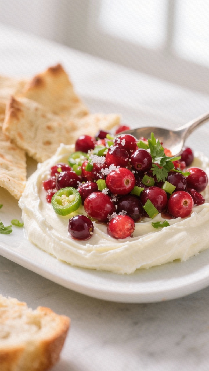 Close-up detail shot of the assembled Cranberry Jalapeño Dip just after chilling and spooning over 