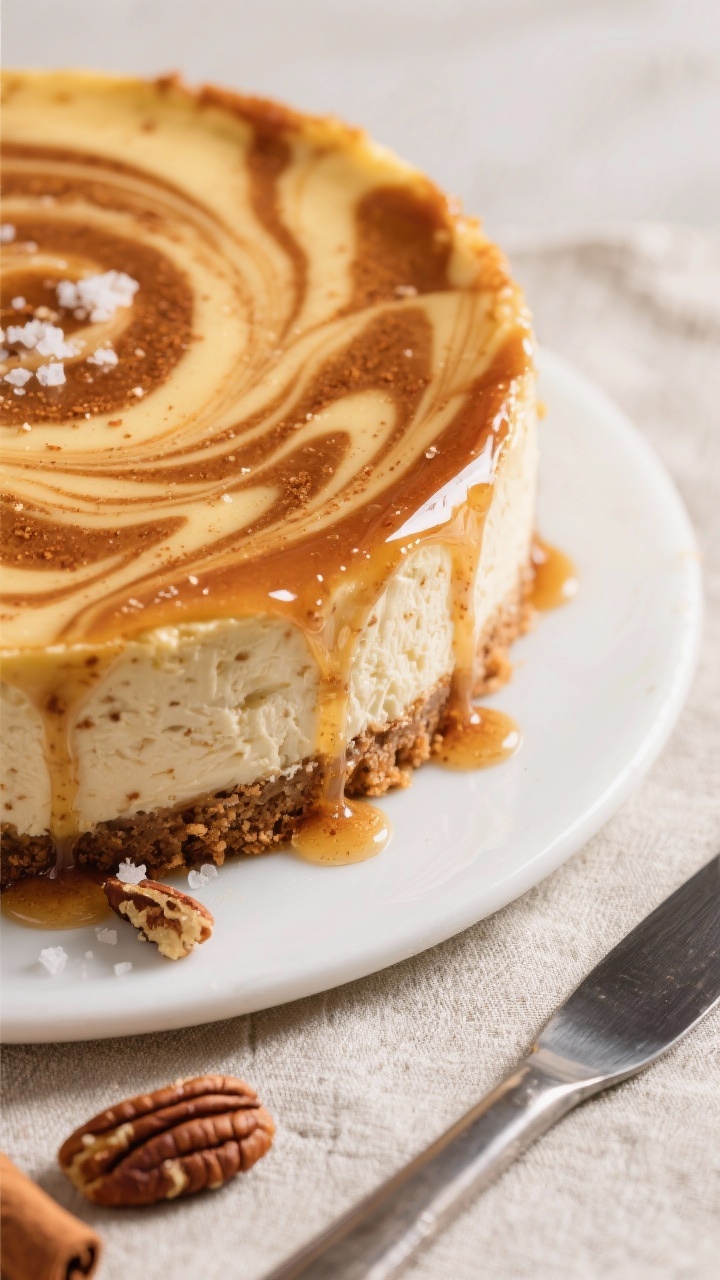 Close-up detail shot of the cheesecake’s marbled surface just after glazing: a cooled Cinnamon Rol