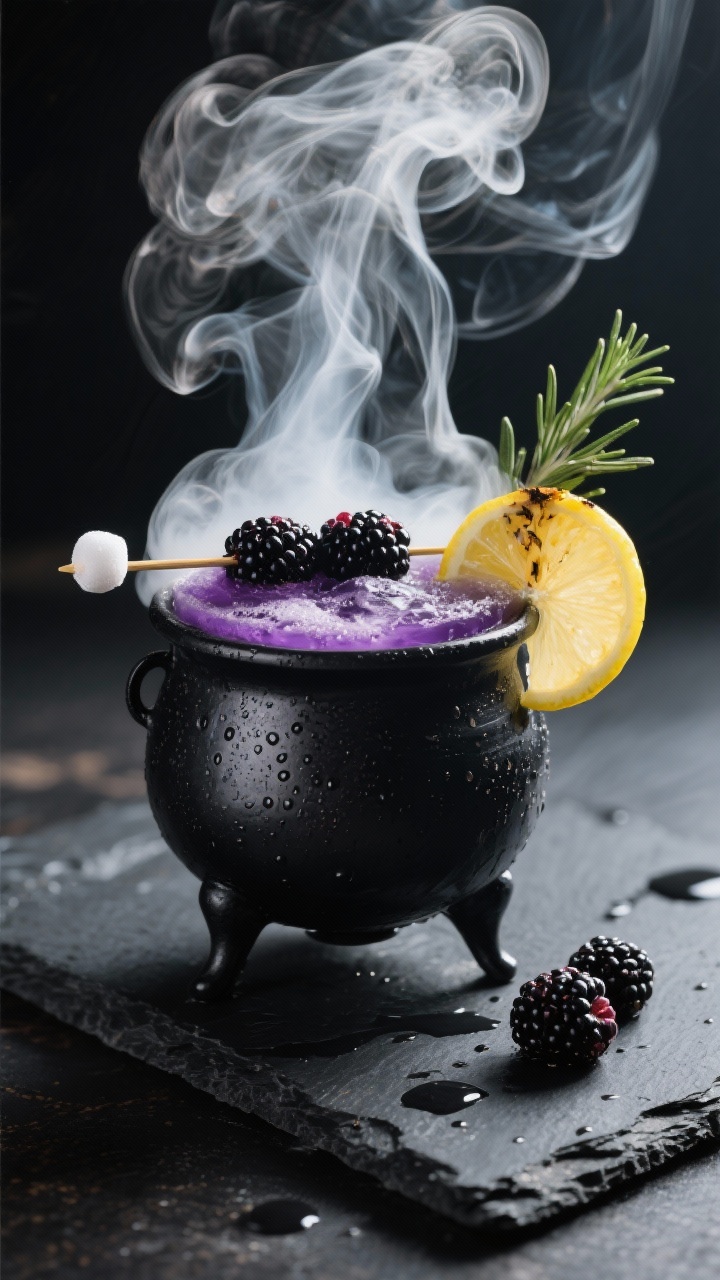 Close-up detail shot of the finished Smoking Cauldron Cocktail mid-fog: a deep jewel-toned blackberr