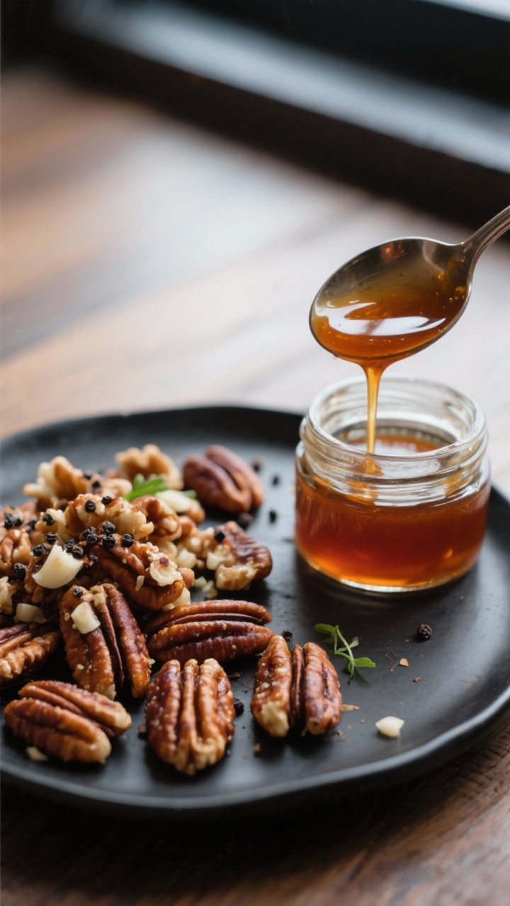 Close-up detail shot: Warm toasted pecans and walnuts cooling on a matte black plate beside a small 