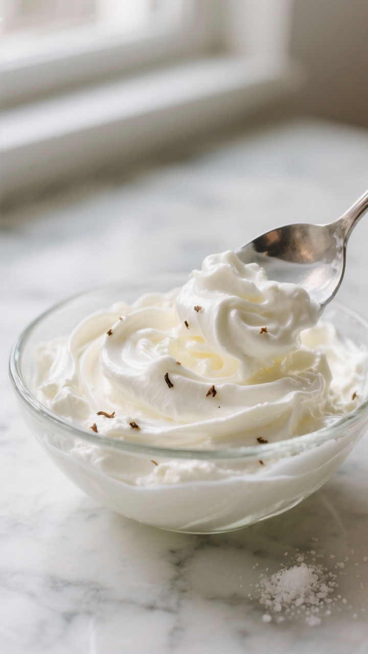 Close-up detail: Silky cottage cheese mousse just finished blending, spoon swirling through a glossy