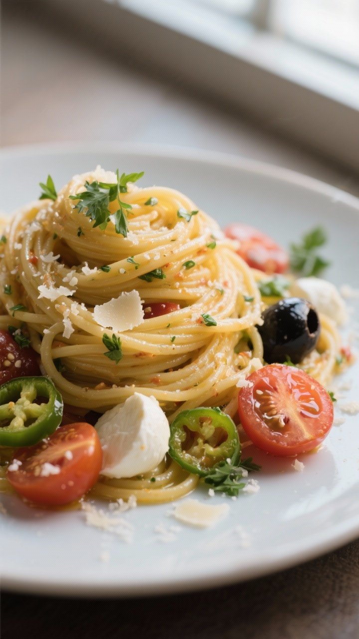 Close-up detail: Twirl of spaghetti pasta salad coated in glossy zesty Italian dressing, strands gli