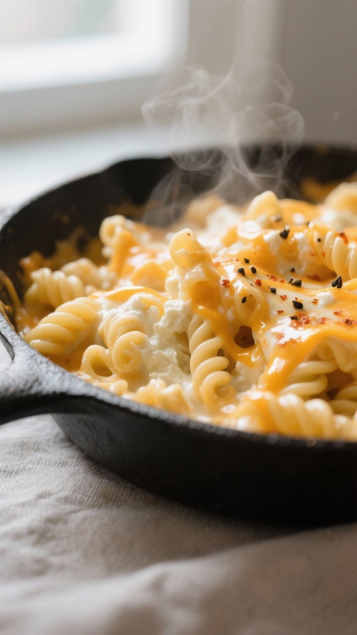 Cottage Cheese Mac and Cheese (High Protein!) That Tastes Like a Cheat Meal 1 Close-up detail: Ultra-creamy cottage cheese mac and cheese being folded together in a skillet, glos
