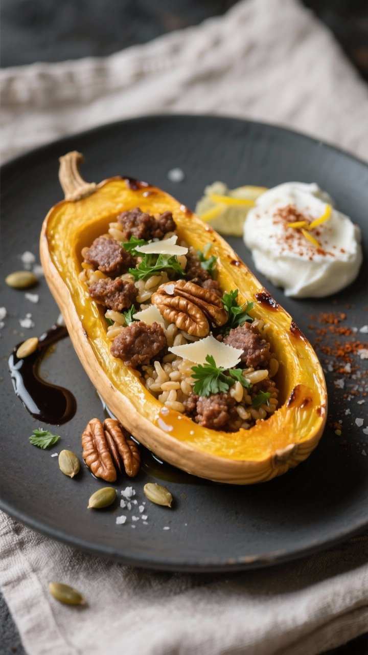 Close-up, final plated stuffed delicata squash on a matte charcoal plate, restaurant-quality present