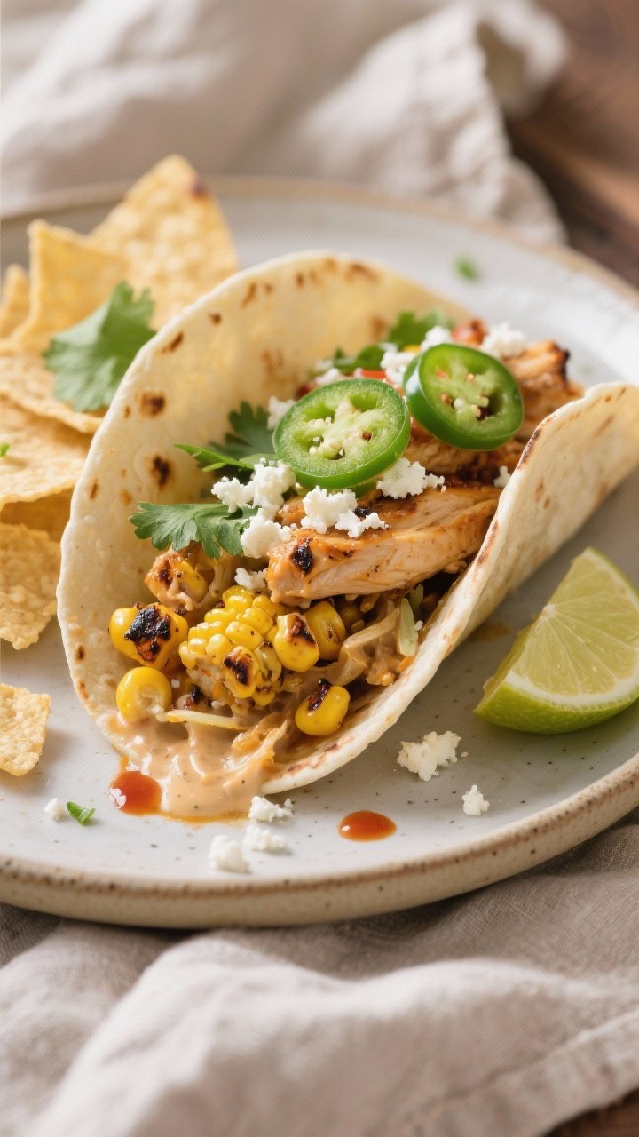 Close-up final plating: Street Corn Chicken folded into warm tortillas, street-taco style. Focus on 