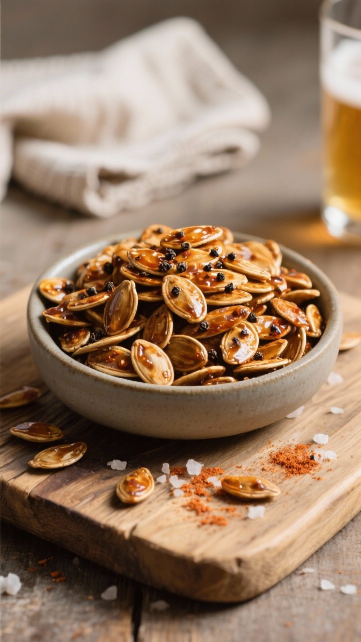 Close-up final presentation of the sweet-heat pumpkin seeds served in a small matte ceramic bowl on 
