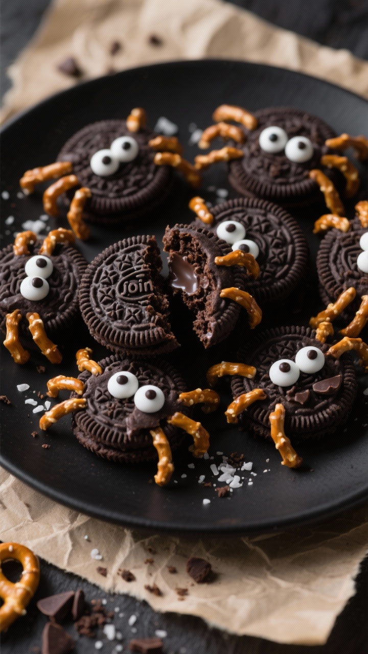 Close-up hero shot of finished Oreo Spider Cookies, fully set and plated for serving: a tight cluste