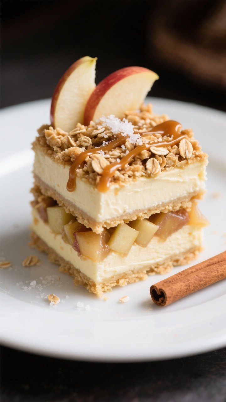 Apple Crisp Cheesecake Bars: The One Dessert That Turns “Just a Bite” Into “Oops, It’s Gone” 2 Close-up of neatly sliced Apple Crisp Cheesecake Bars stacked on a matte white plate, ultra-clean la