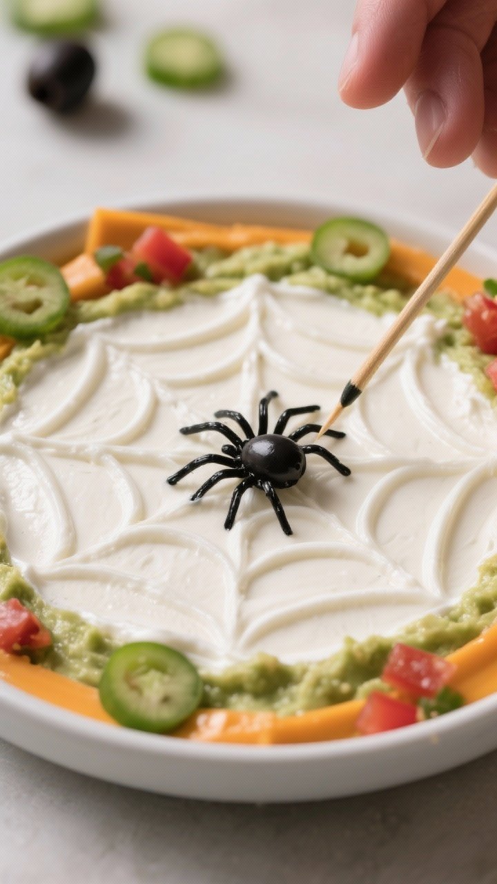 Close-up process detail: creating the spiderweb on the chilled dip. The scene shows the smooth white
