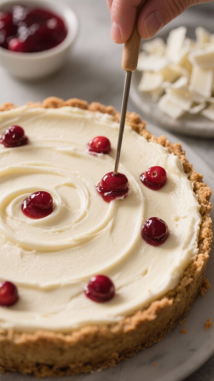 This Cranberry Swirl Cheesecake with White Chocolate Is Your New Holiday Flex 2 Close-up process detail of the assembly stage: half the creamy white-chocolate cheesecake batter alr