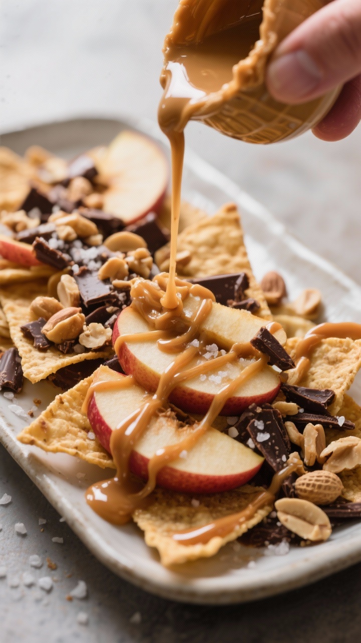 Close-up process detail: warm, pourable peanut butter being zig-zag drizzled over already caramel-co