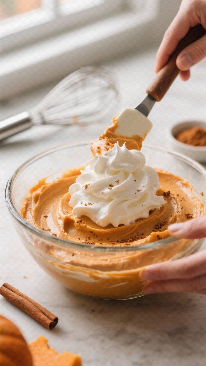Close-up process shot: A glass mixing bowl filled with silky pumpkin mousse being gently folded with