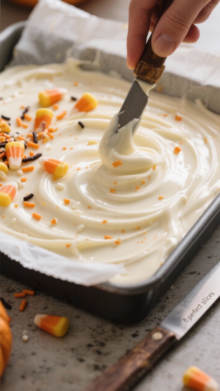 Close-up process shot: A glossy, molten swirl of candy-corn-infused white chocolate fudge being spre