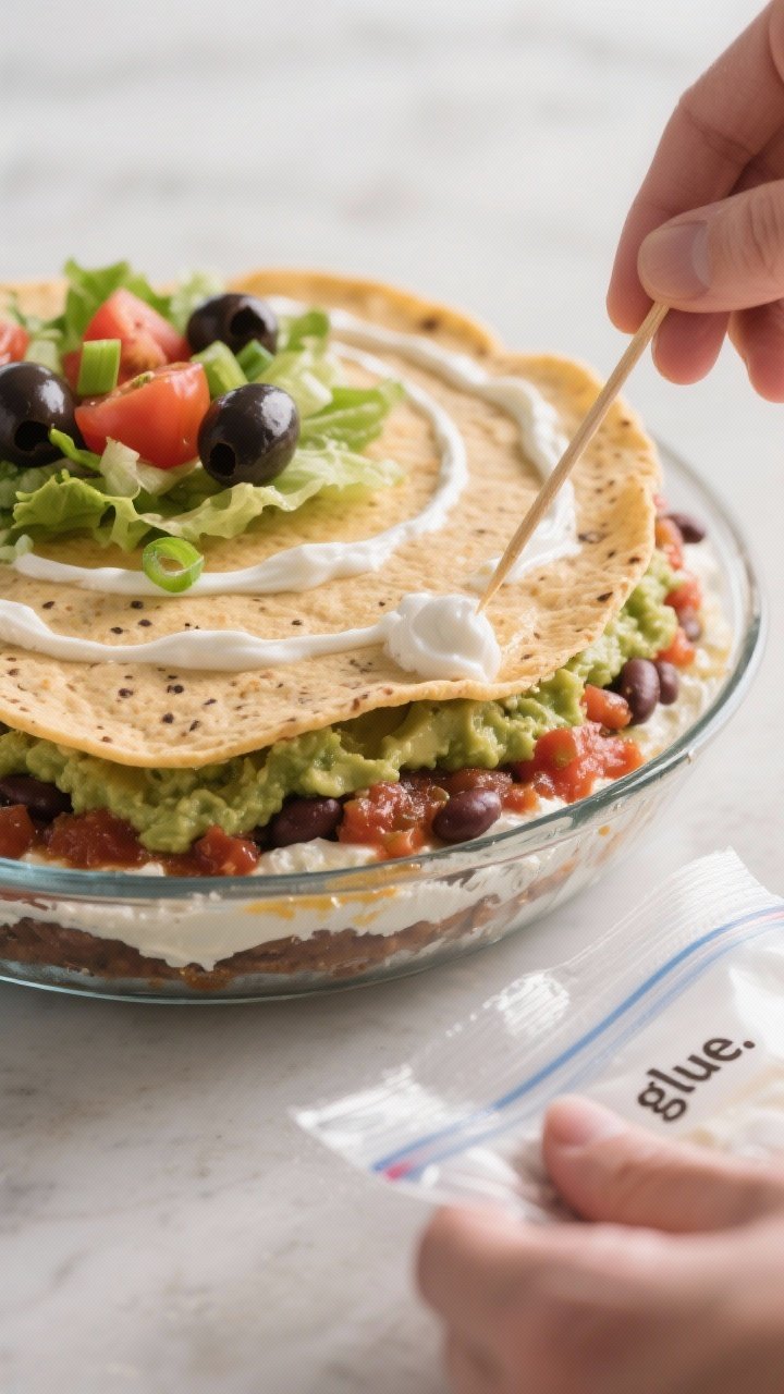 Halloween Taco Dip Spider Webs: The Party Trick That Vanishes Before the Costume Contest 2 Close-up process shot of the web creation: a smooth, layered taco dip already topped with lettuce, o