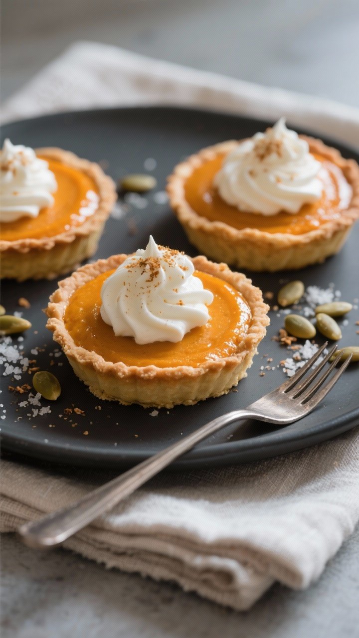 Close-up, three-quarter angle beauty shot of finished mini pumpkin tarts plated for serving: glossy,