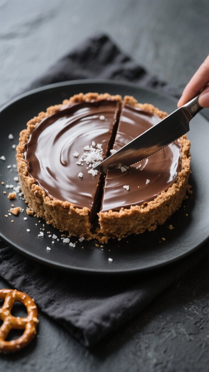 Gluten-Free Thanksgiving Desserts That Don’t Taste “GF”? 2 Close-up, three-quarter angle of the Chocolate Ganache Tart with GF salted pretzel crust during slic