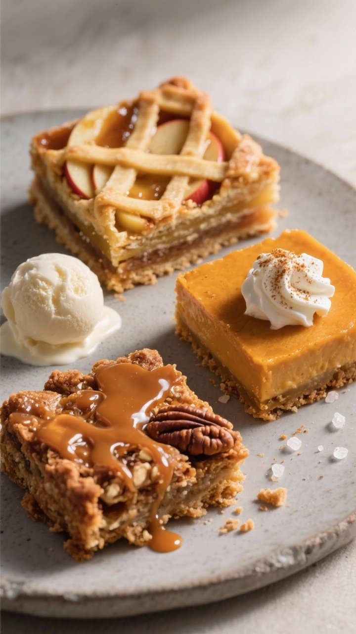 Slab Pie for a Crowd: Apple, Pumpkin, and Pecan Trio That Breaks the Dessert Internet 2 Close-up, three-square serving shot on a matte stone plate: one apple square with defined lattice sh
