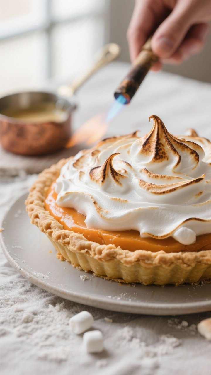 This Sweet Potato Pie with Toasted Marshmallow Meringue Will End Thanksgiving Arguments Forever 1 Cooking process close-up: A cooled sweet potato pie just topped with thick, glossy Swiss marshmallow