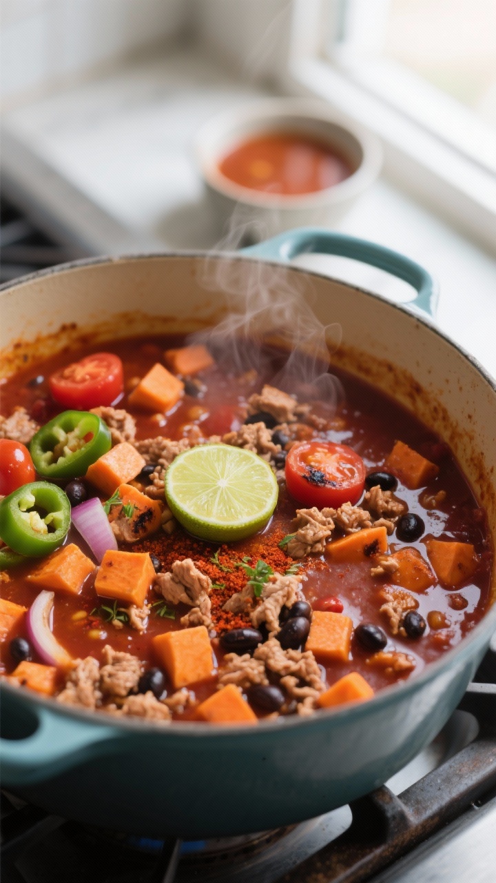 Cooking process close-up: A Dutch oven at a gentle simmer showing Sweet Potato Turkey Chili mid-cook