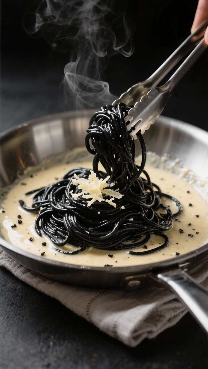 Cooking process close-up: Black squid ink spaghetti being tossed directly in a glossy Alfredo sauce 