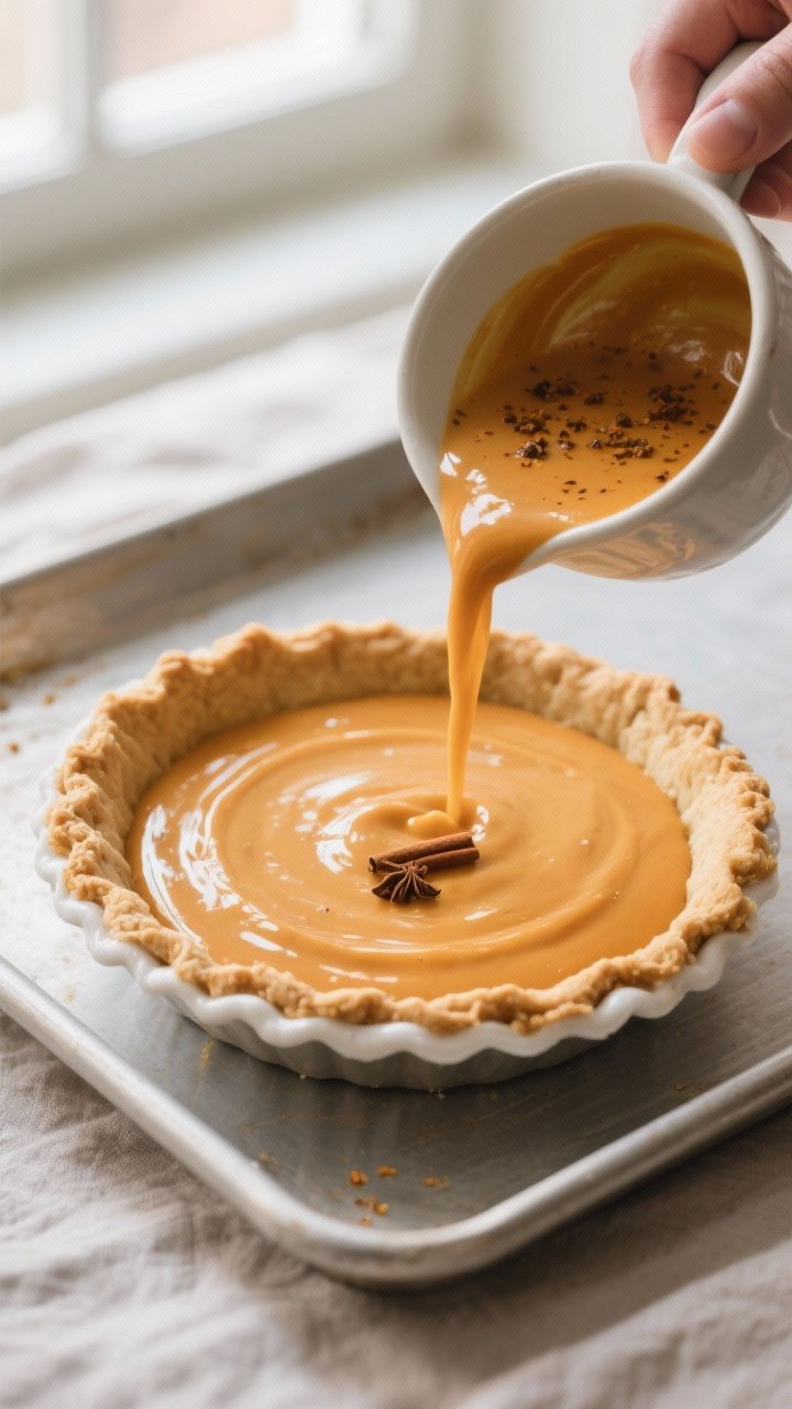 This Spiced Pumpkin Pie with Whipped Cream Topping Is Your Holiday Flex 1 Cooking process close-up: Blind-baked pumpkin pie shell just out of the oven, edges lightly golden a