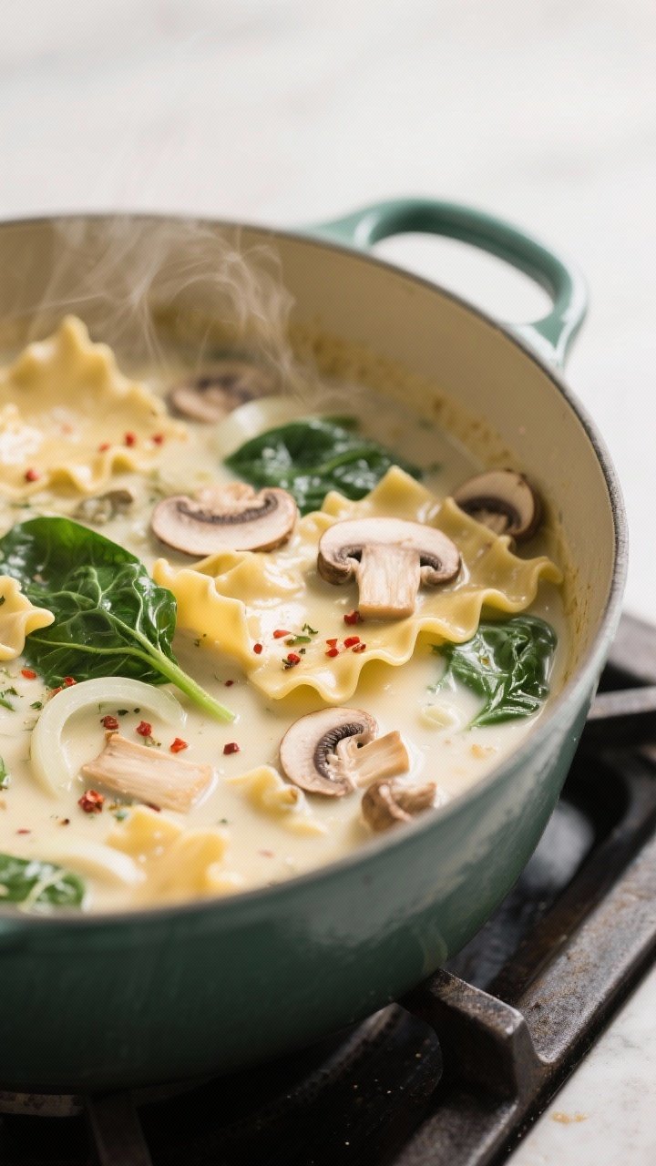 This Creamy White Alfredo Lasagna Soup Recipe Will Ruin Regular Pasta For You (In the Best Way) 1 Cooking process, close-up detail: A Dutch oven on the stovetop with creamy Alfredo lasagna soup mid-