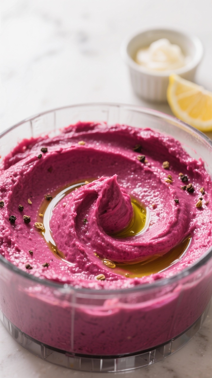 Cooking process, close-up detail: Close-up of glossy fuchsia beet hummus just after streaming in oli