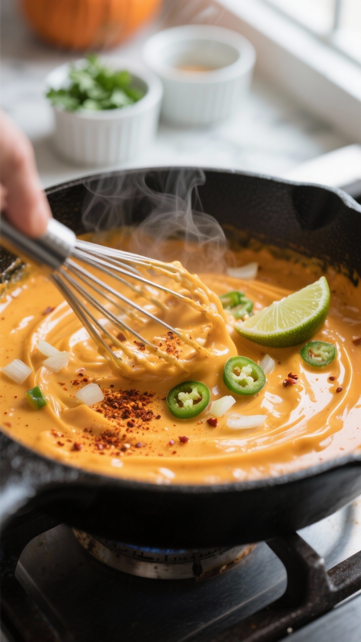 Cooking process, close-up detail: Close-up of molten Spicy Pumpkin Queso mid-cook in a matte black s
