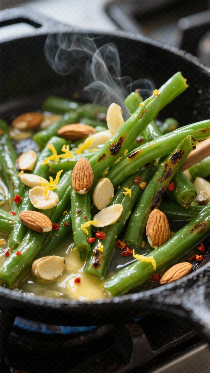 Cooking process, close-up detail: In a black cast-iron skillet, crisp-tender green beans glistening 