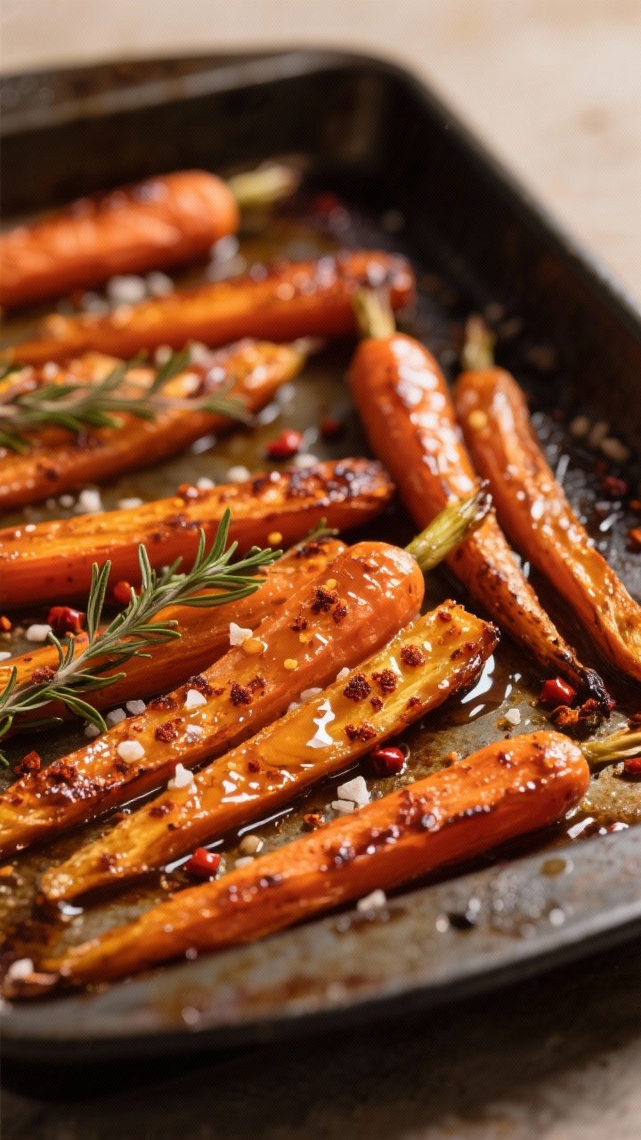 Cooking process, close-up detail: Roasted carrot sticks on a heavy rimmed sheet pan at the end of th