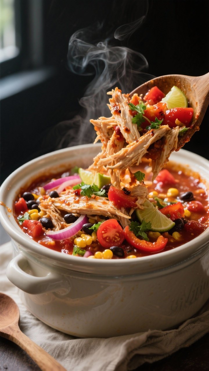 Cooking process, close-up detail: Shredded slow-cooker chicken fiesta being tossed back into its glo