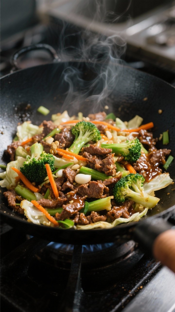 Broccoli Slaw Recipes Stir Fry Ground Beef: The 15-Minute Power Meal You’ll Make on Repeat 1 Cooking process, close-up detail: Sizzling broccoli slaw and ground beef stir-fry mid-cook in a blac