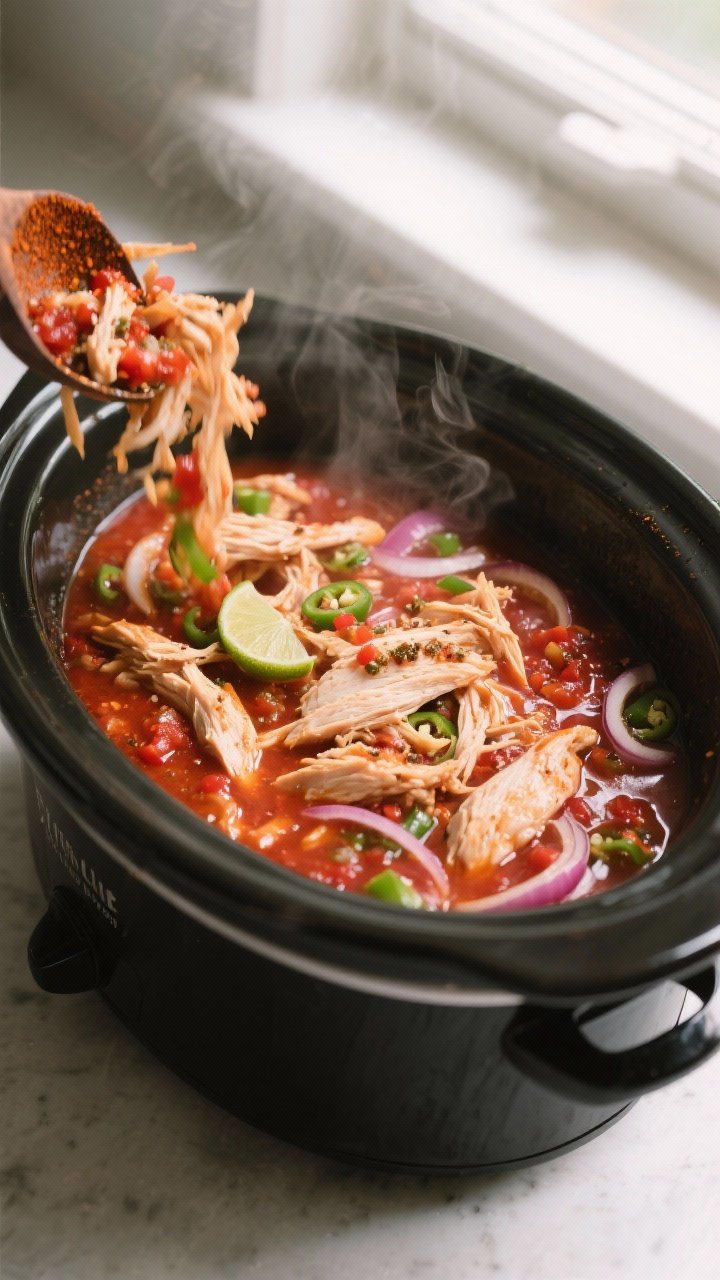 Healthy Chicken Tacos Crockpot: The Set-It-and-Flex Dinner Your Weeknight Deserves 1 Cooking process, close-up detail: Slow cooker filled with fully cooked shredded chicken breasts glis