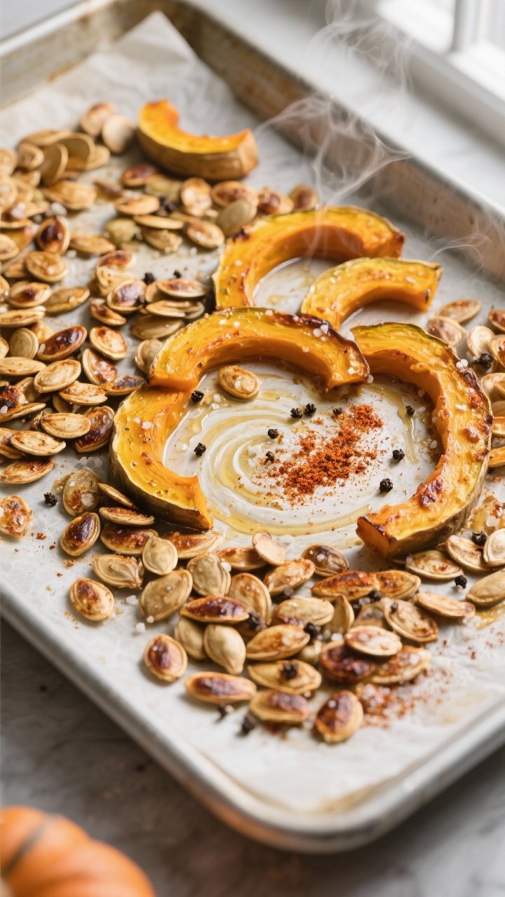 Crispy Pumpkin Seeds Recipe Without Soaking 1 Cooking process, overhead: Overhead shot of roasted pumpkin seeds mid-bake on a parchment-lined shee