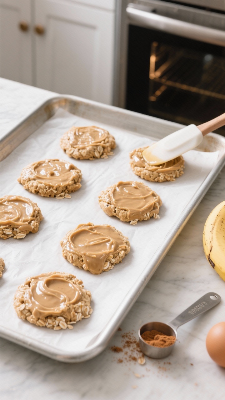 Cooking process: Overhead shot of cookie mounds just flattened with damp fingers on a parchment-line
