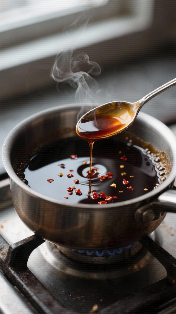 Brussel Sprout Recipes with Bacon Balsamic Glaze That Make Veggies Disappear 2 Cooking process: Small saucepan of balsamic glaze reducing on the stovetop—silky, pourable syrup c