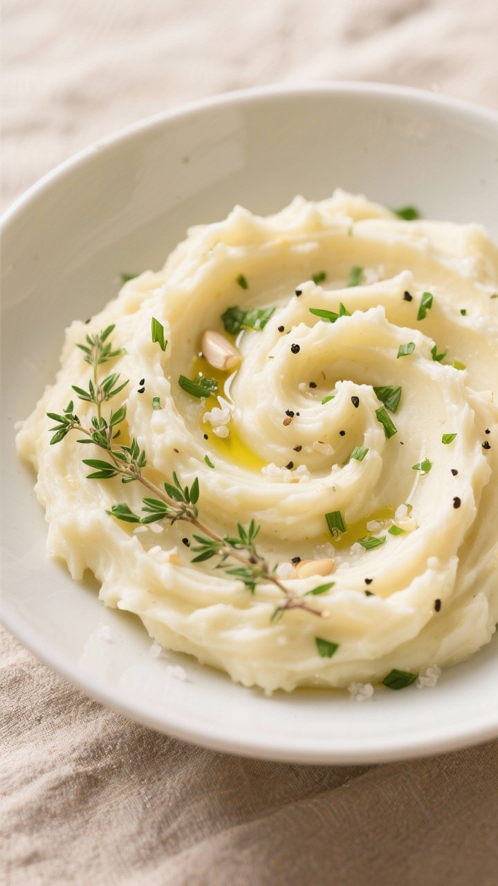 Mashed Potatoes 3 Ways: Classic, Brown Butter, Garlic Herb 2 Final dish — Garlic Herb Mashed Potatoes (top view): Overhead shot of a wide, shallow white bowl f