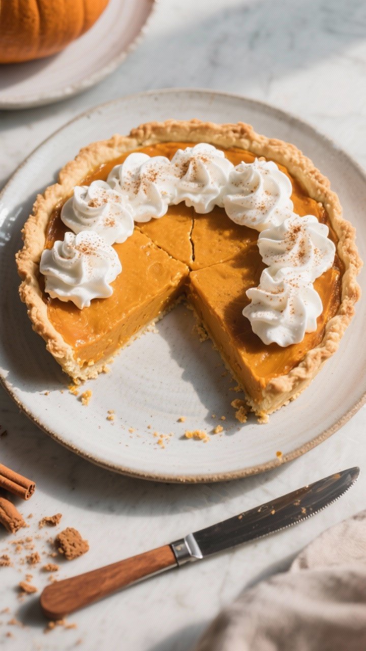 This Spiced Pumpkin Pie with Whipped Cream Topping Is Your Holiday Flex 2 Final dish overhead: Chilled spiced pumpkin pie set perfectly with ultra-smooth slices, topped with