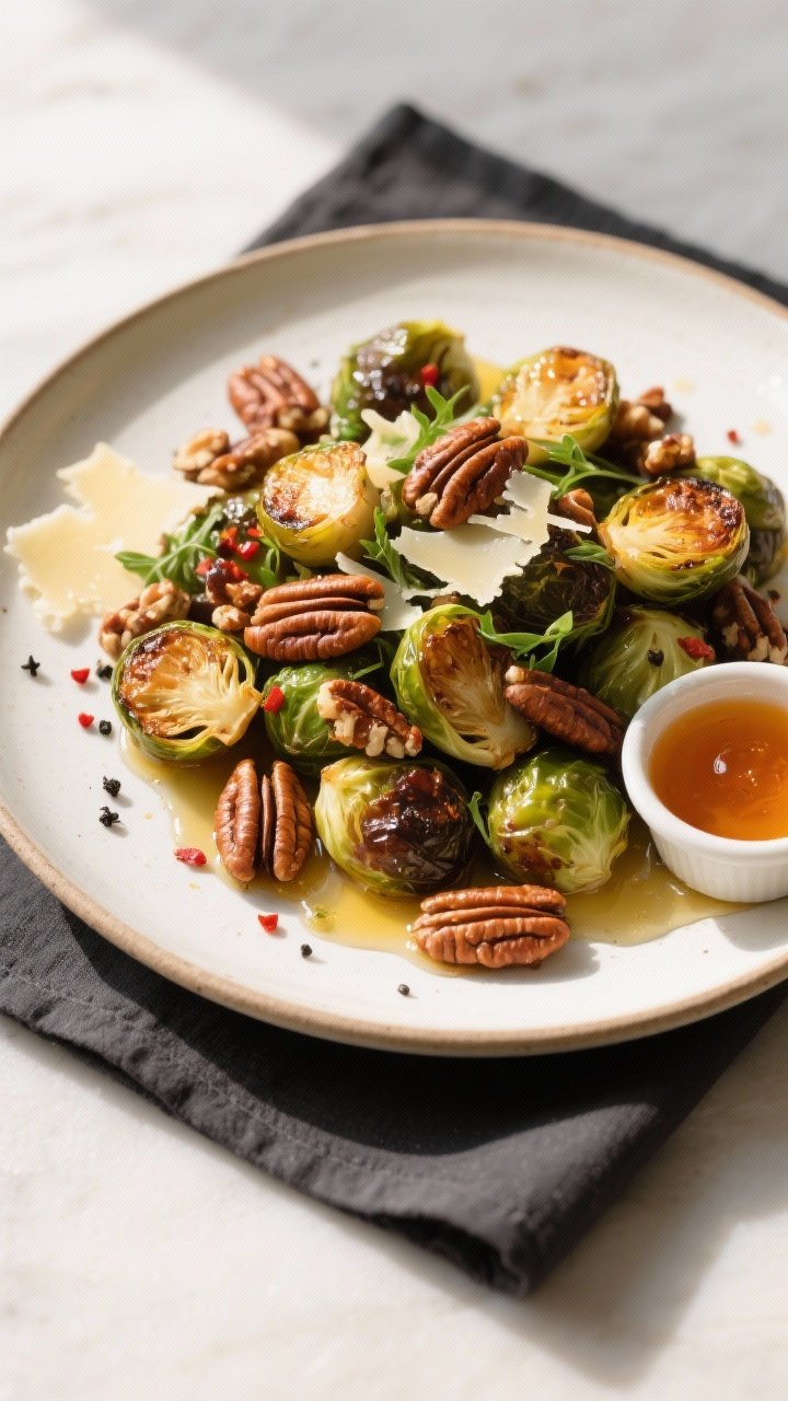Final dish/overhead presentation: Overhead shot of Roasted Brussels Sprouts with Hot Honey and Pecan