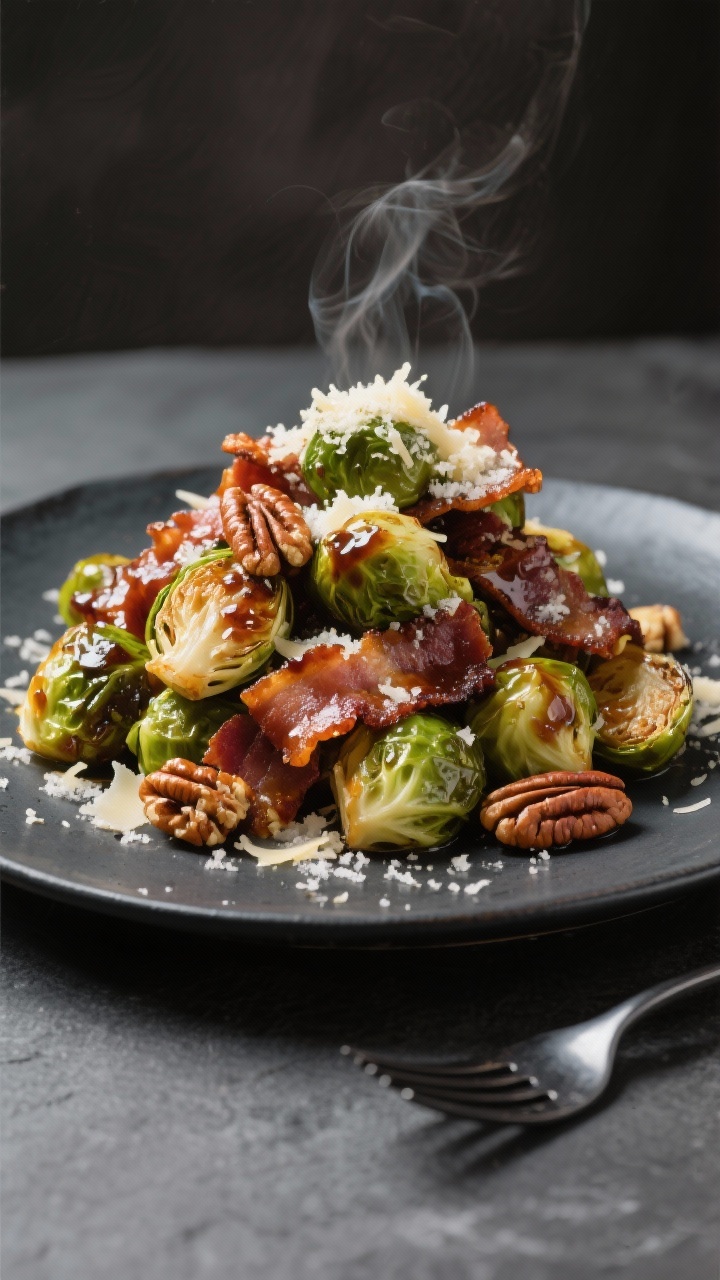Final dish presentation: Restaurant-quality plating of the Brussels sprouts and bacon piled high on 