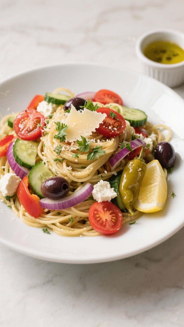 Final dish presentation: Tasty of the completed Italian dressing spaghetti salad mounded in a wide, 