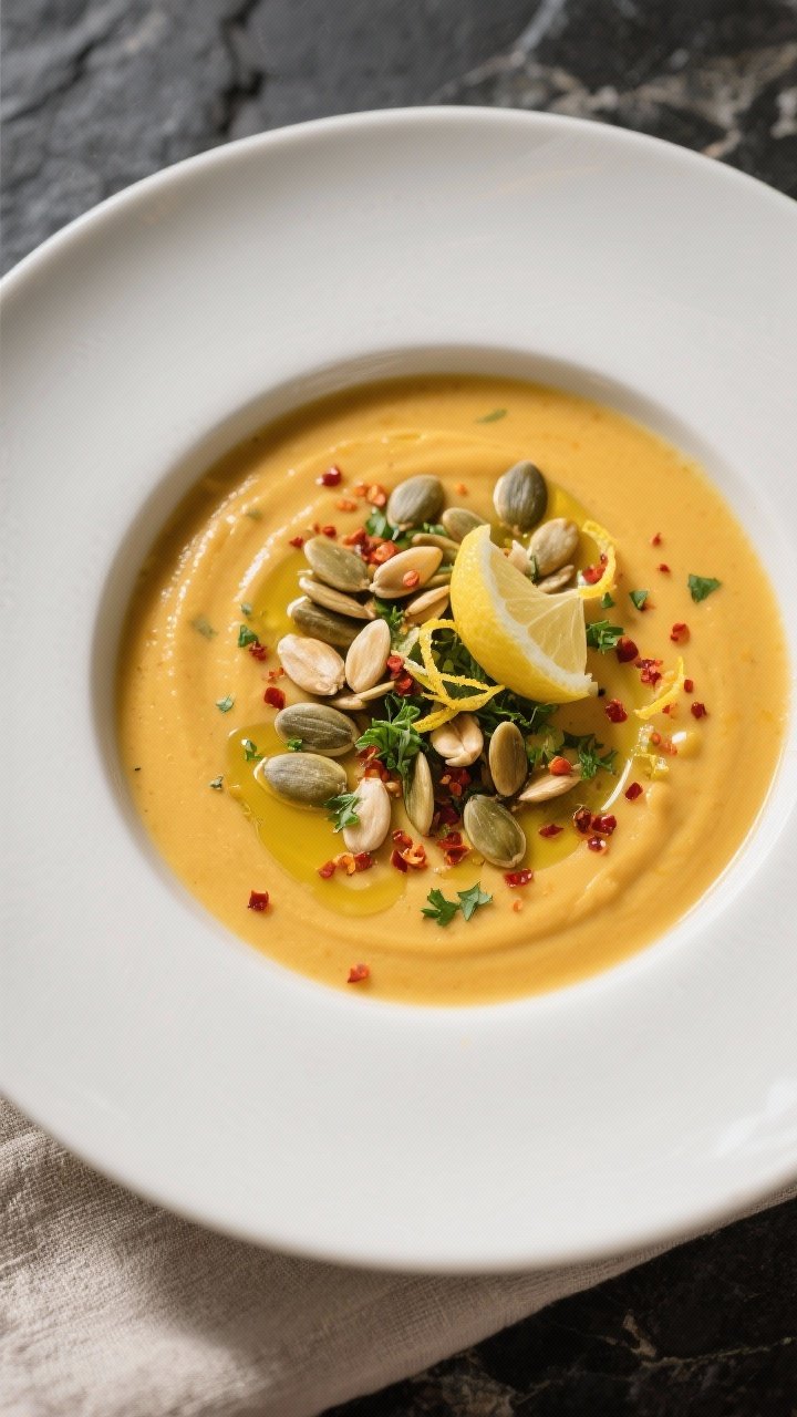 Final dish, tasty top view: Overhead shot of a creamy butternut squash soup in a matte white bowl, g