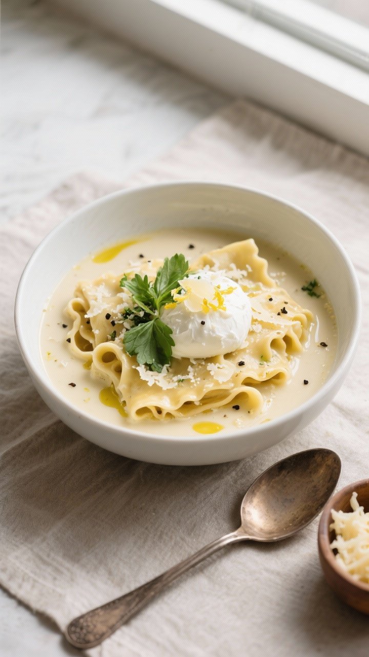 This Creamy White Alfredo Lasagna Soup Recipe Will Ruin Regular Pasta For You (In the Best Way) 2 Final dish, tasty top view: Overhead shot of a deep white bowl filled with creamy Alfredo lasagna so