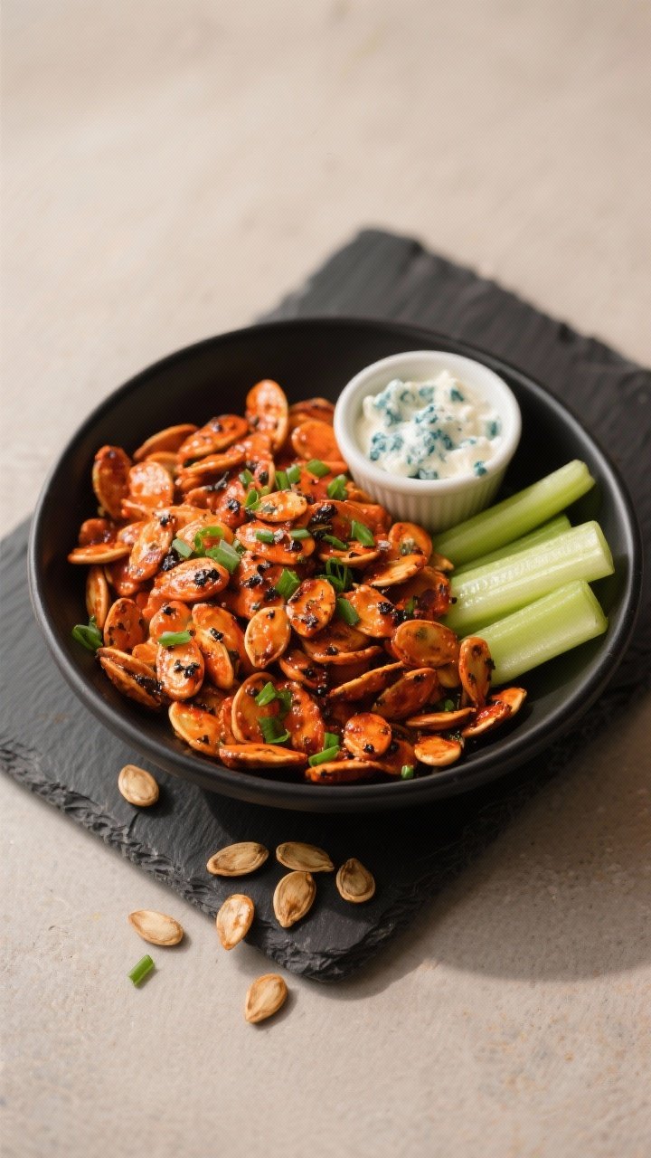 Final dish, tasty top view: Overhead shot of a matte black bowl heaped with Buffalo Ranch Roasted Pu